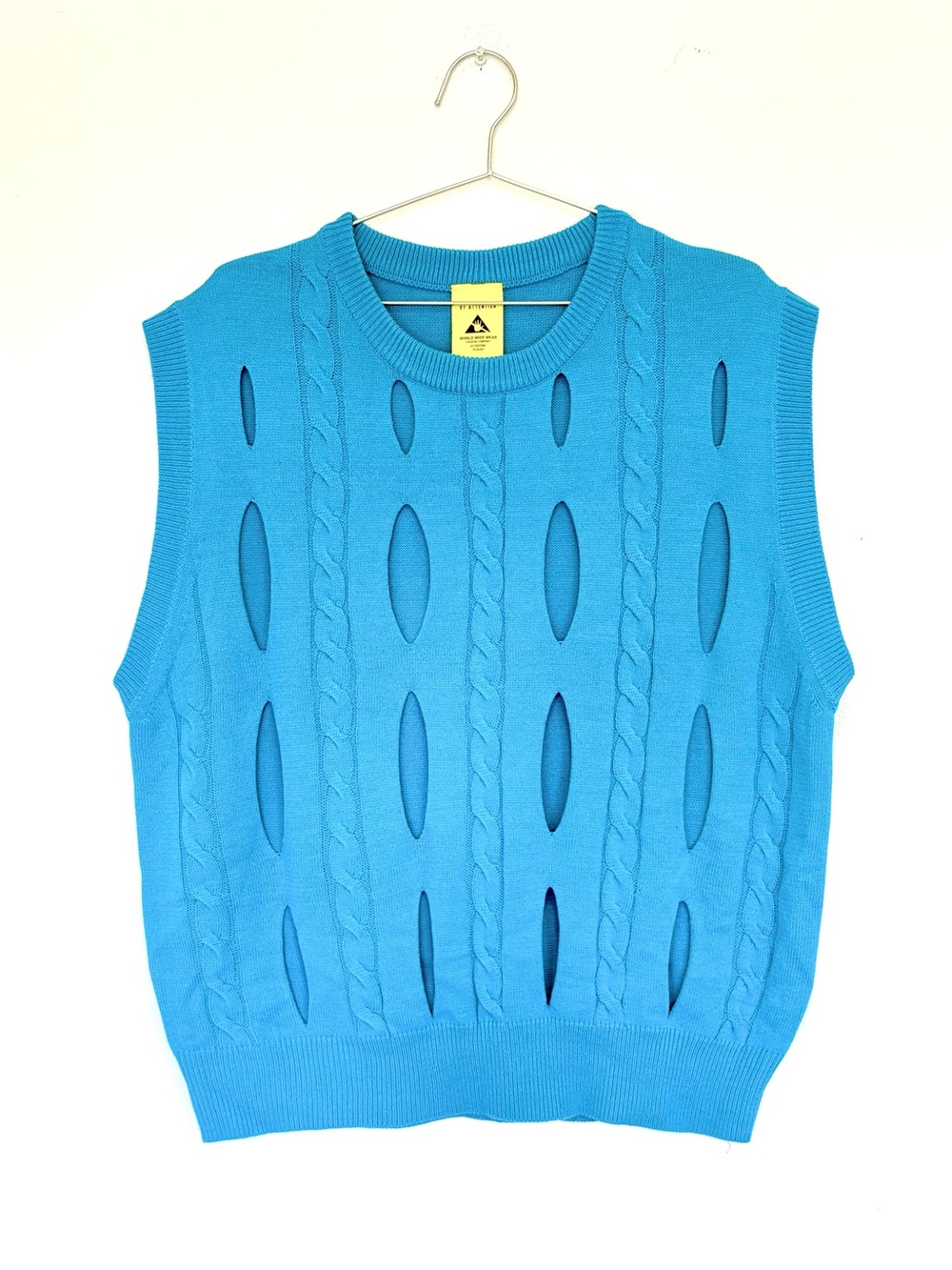 kfashion blue sweater vest - bright cable knit perforations holes - XL like new